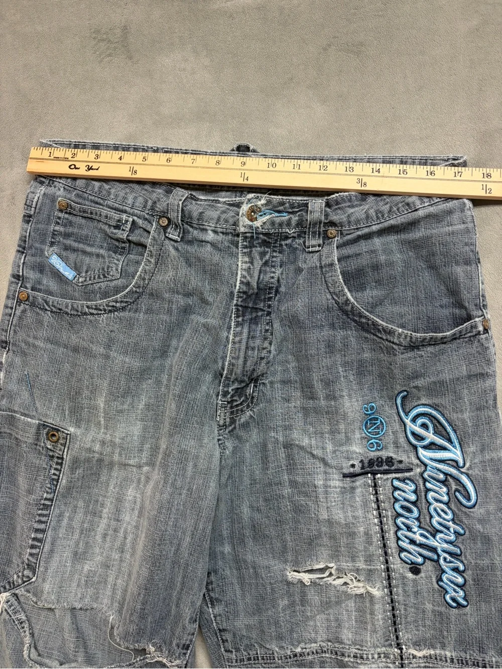 Ninety Six Denim Co Shorts Mens 34 Y2K Baggy Distressed Embroidered Hip Hop 1996